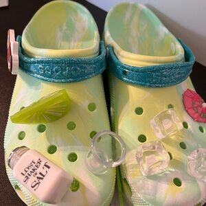 CROCS Green and Blue Sandals with Glitter Accents